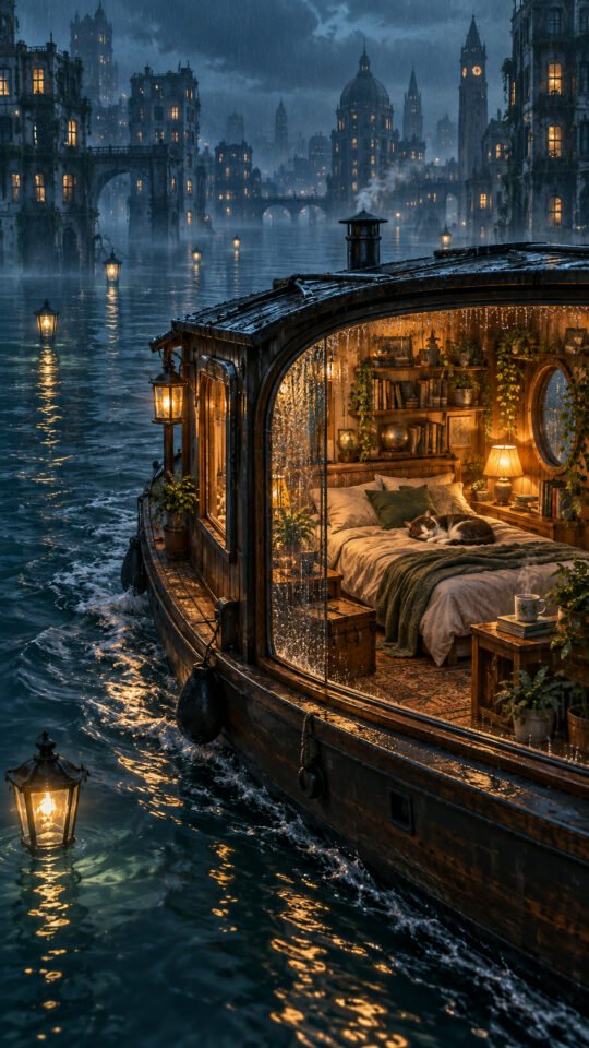 A warm houseboat bedroom with a sleeping cat sailing through a flooded dream-city in the rain