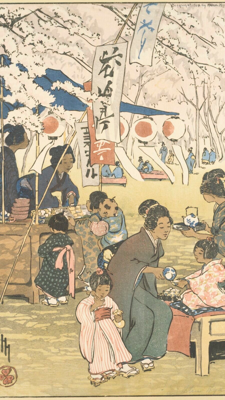 People gathering beneath cherry blossoms in early twentieth-century Tokyo