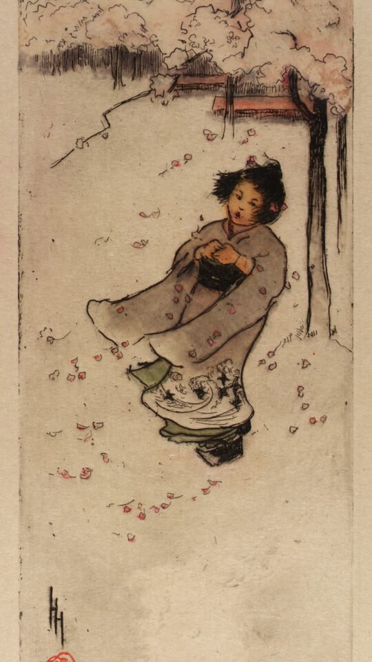 A child standing beneath bare winter branches in a Japanese snow scene