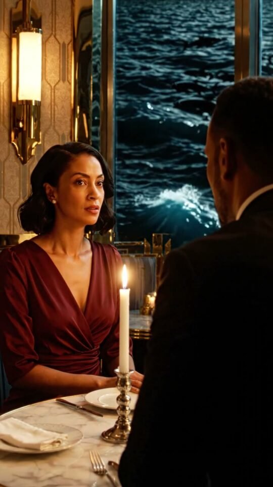 A candlelit dinner inside an art-deco restaurant surrounded by a vertical ocean