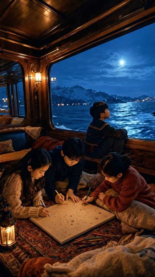 Children drawing constellations inside a warm wooden ferry at night