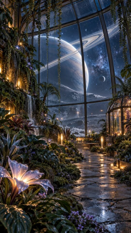 A luminous greenhouse on a moon with a giant ringed planet beyond the glass