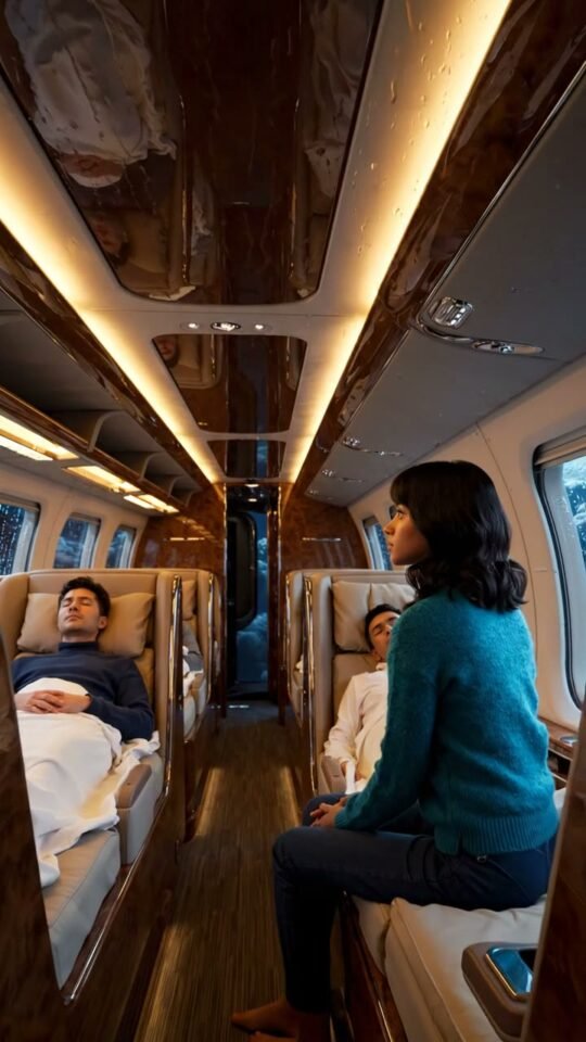 Sleeping passengers in a warm cabin beside a blue storm and floating station