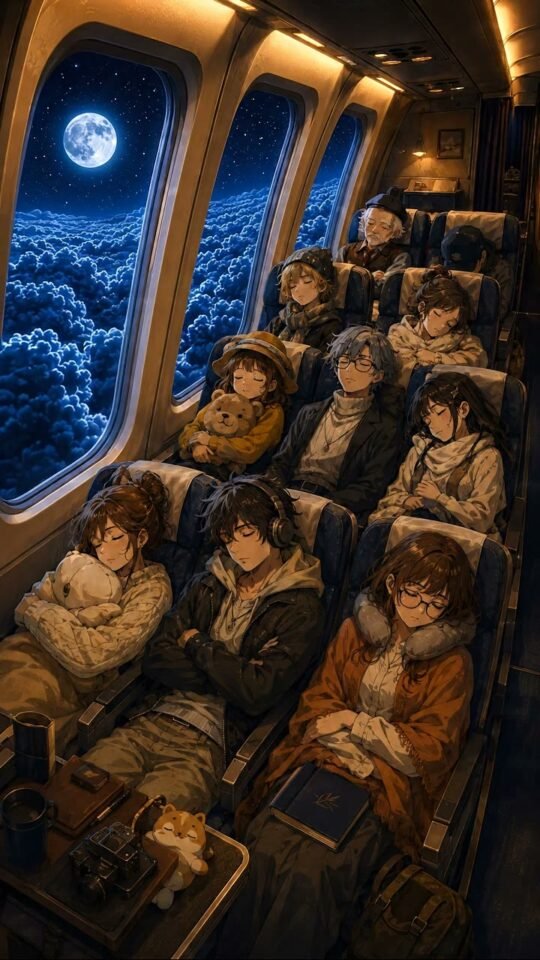 Sleeping passengers in a warm airborne cabin above blue moonlit clouds