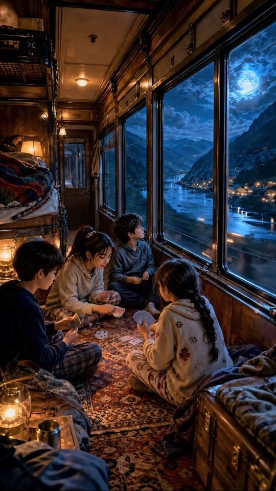 Friends playing cards inside a warm night train under blue moonlight