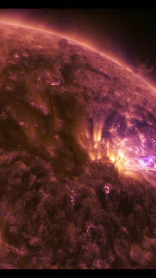 Bright solar flare burning across the magenta surface of the Sun