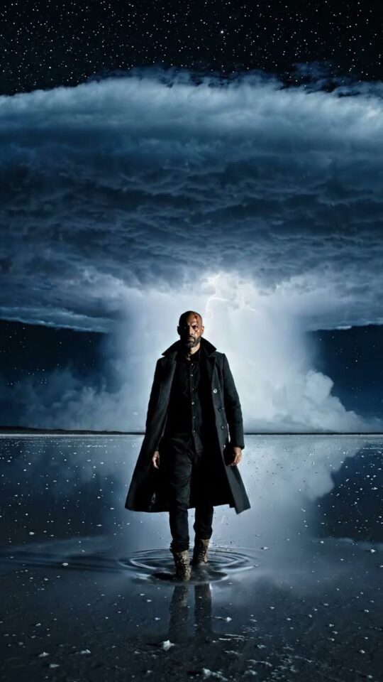 A solitary traveler beneath a colossal storm on a reflective salt flat