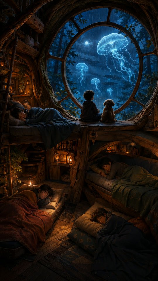 Children sleeping in a treehouse while luminous jellyfish drift through a rainy forest