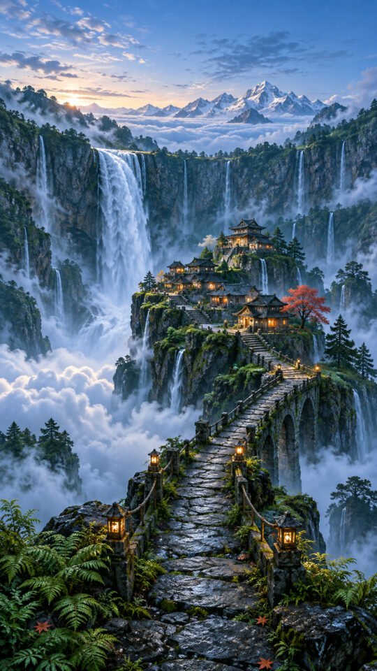 A lantern-lit mountain village above immense waterfalls and a sea of clouds at dawn
